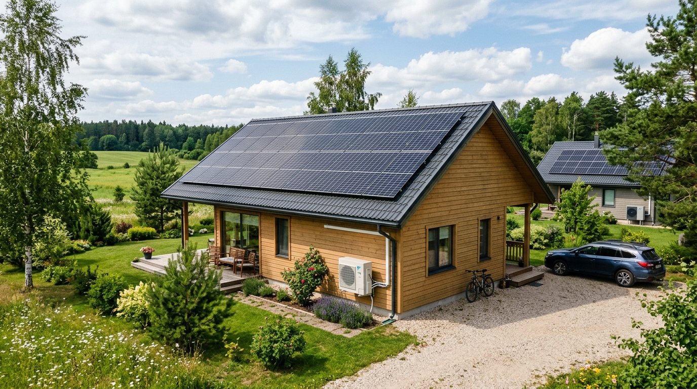 Māja ar saules paneļiem uz jumta - Energygarden projekts